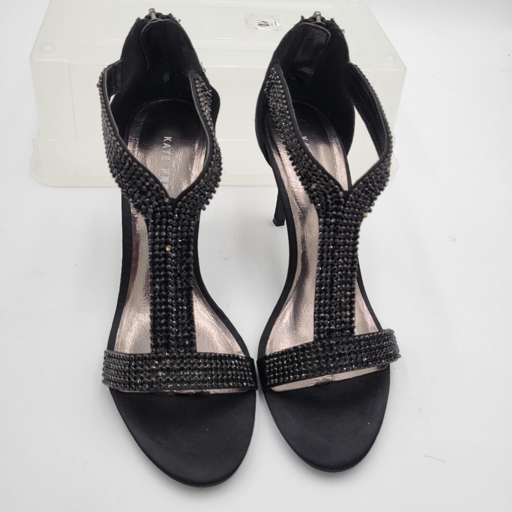 Kate Preston Black Rhinestone Strappy Sandals 3.5" heels Size 9.5 See Pics